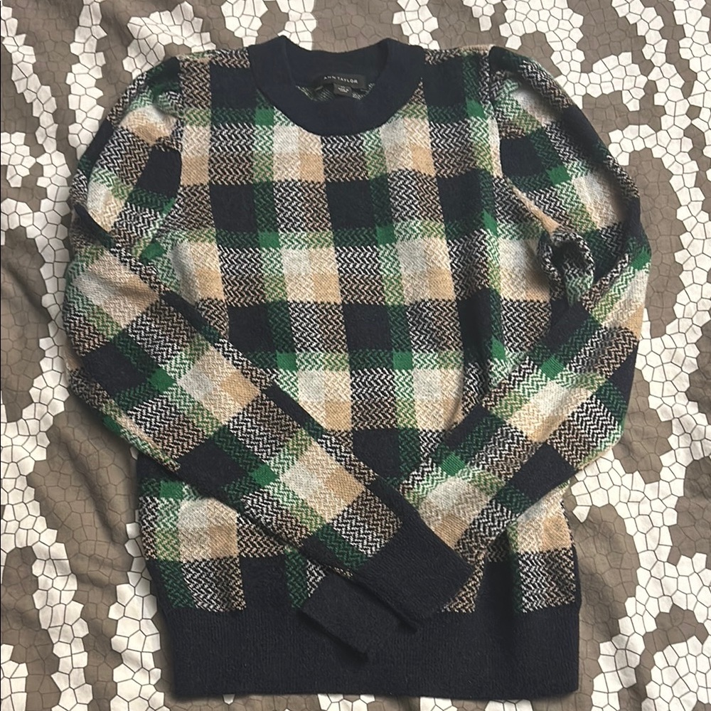 NWT Plaid Crewneck Sweater - Green black beige White cotton stretch XS